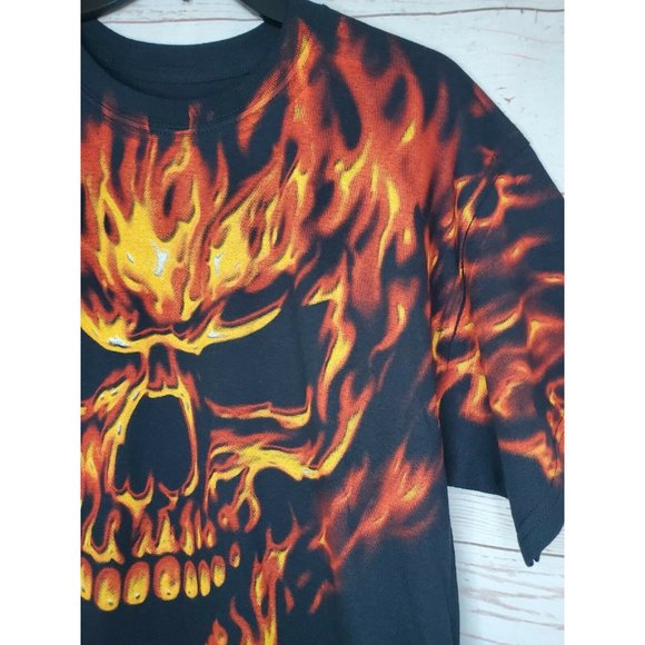 Liquid Blue Flaming Skull Halloween Black Orange Flame PreShrunk Cotton T Shirt - Picture 6 of 10